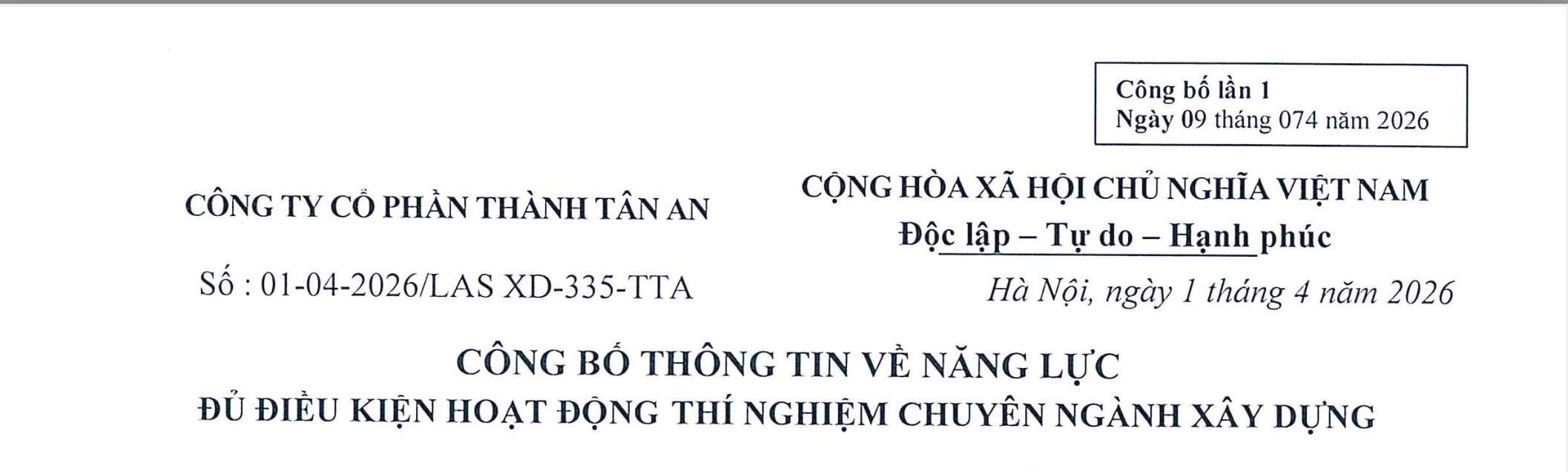 Công Bố Thông Tin Về Năng Lực Đủ Điều Kiện Hoạt Động Thí Nghiệm Chuyên Ngành Xây Dựng 