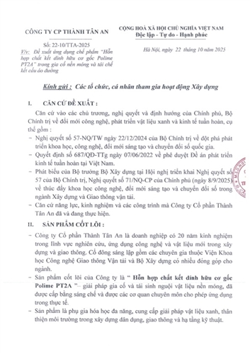 Đề xuất ứng dụng chế phẩm Hỗn hợp chất kết dính hữu cơ gốc Polime PT2A trong gia cố nền móng và tái chế kết cấu áo đường
